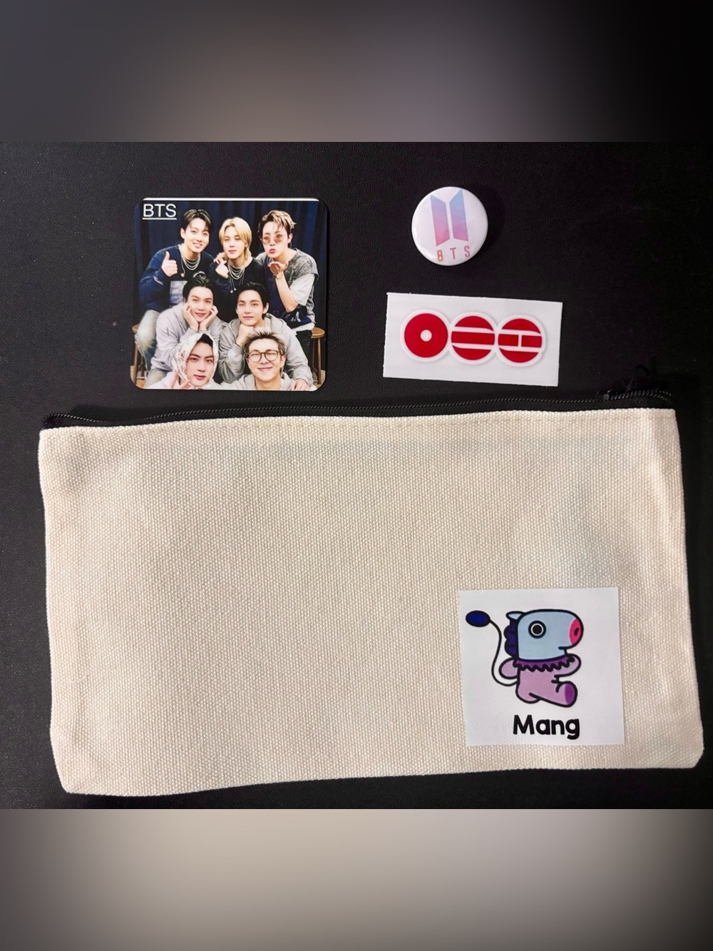 Mang Canvas Cosmetic Pouch with Arirang Sticker Decal, BTS pin and BTS Magnet